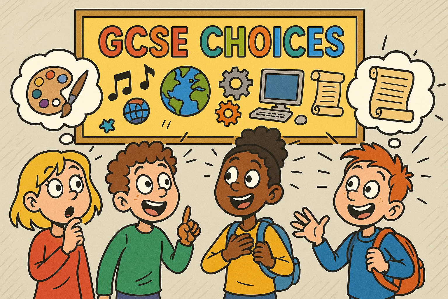 Cartoon students reviewing year 10 gcse optional subject choices on a board.