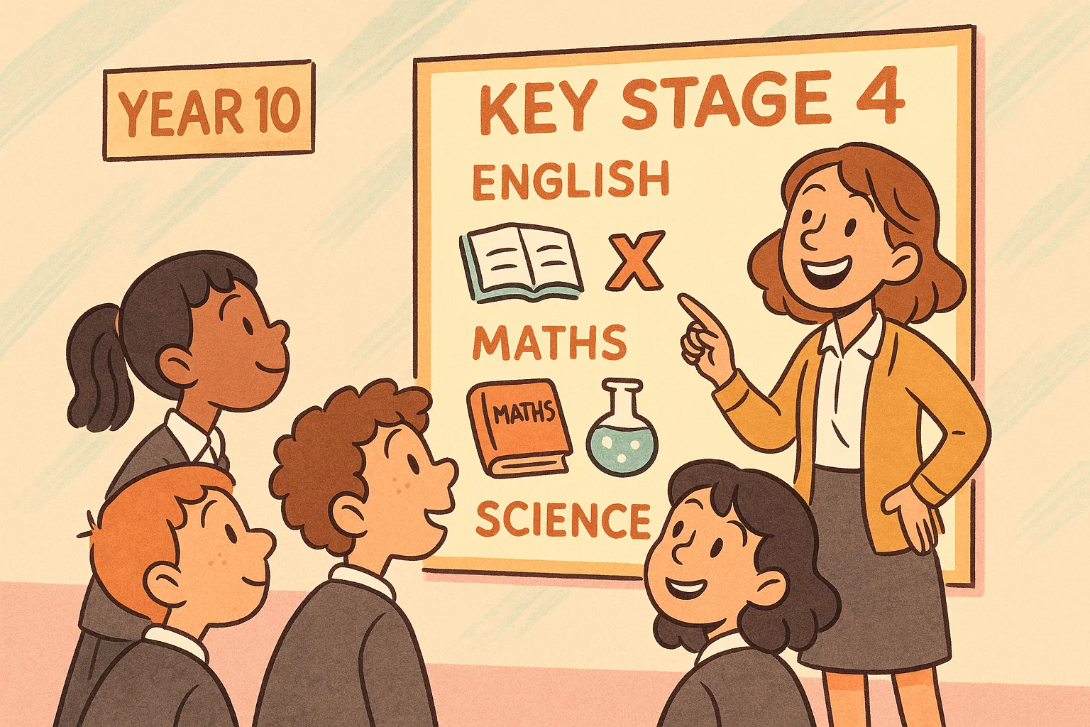 Cartoon students learning year 10 key stage 4 overview in a classroom scene.