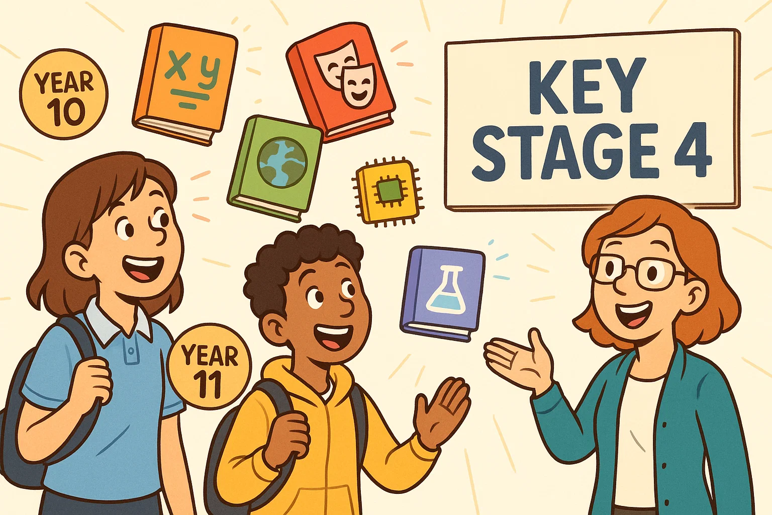 Cartoon students exploring year 10 national curriculum subject choices in key stage 4.