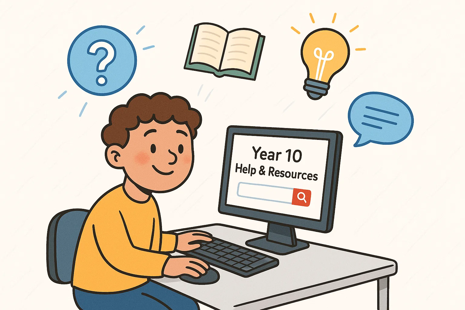 Cartoon student searching year 10 support links and helpful information on computer.
