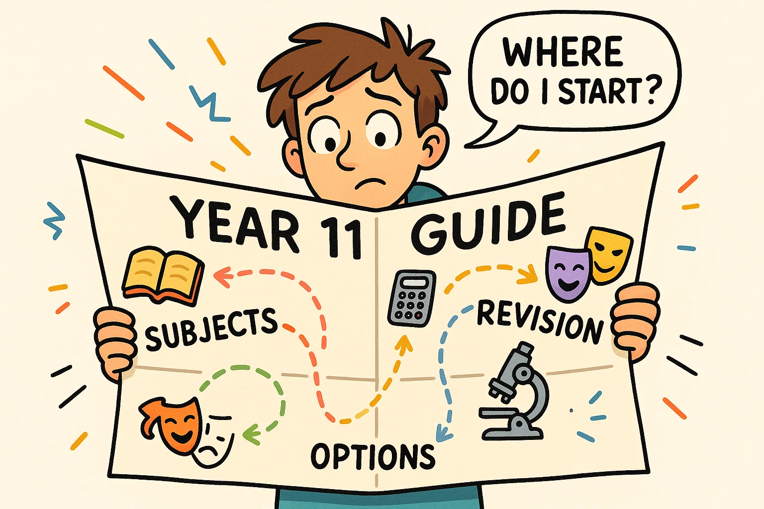 Cartoon Year 11 contents navigation map with student choosing subjects and revision paths.