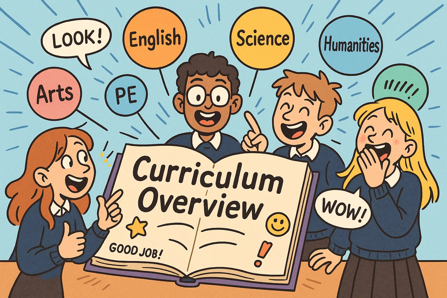 Year 11 curriculum overview cartoon book with students exploring school subjects.