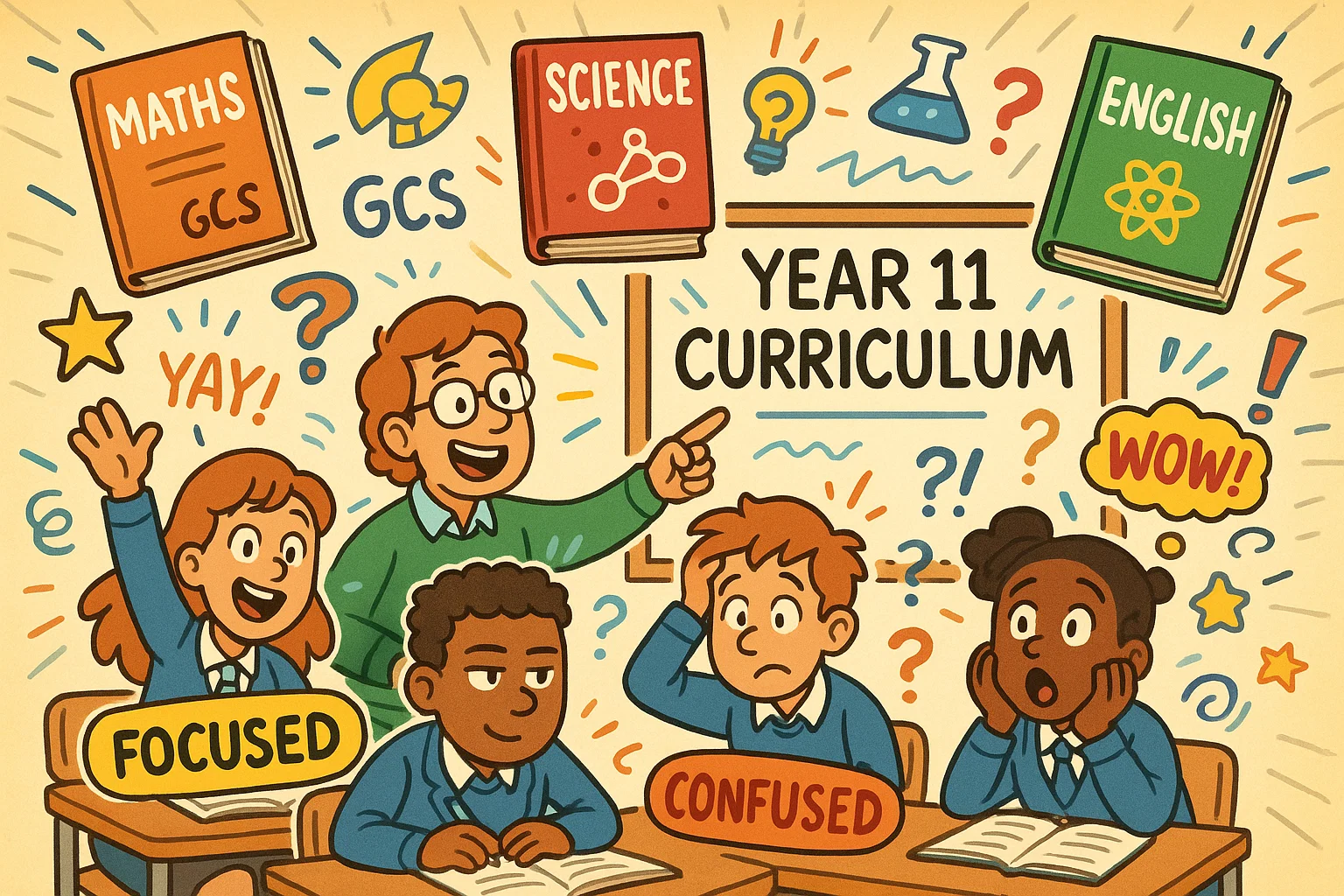 Playful Year 11 curriculum UK cartoon classroom with pupils and GCSE subjects.