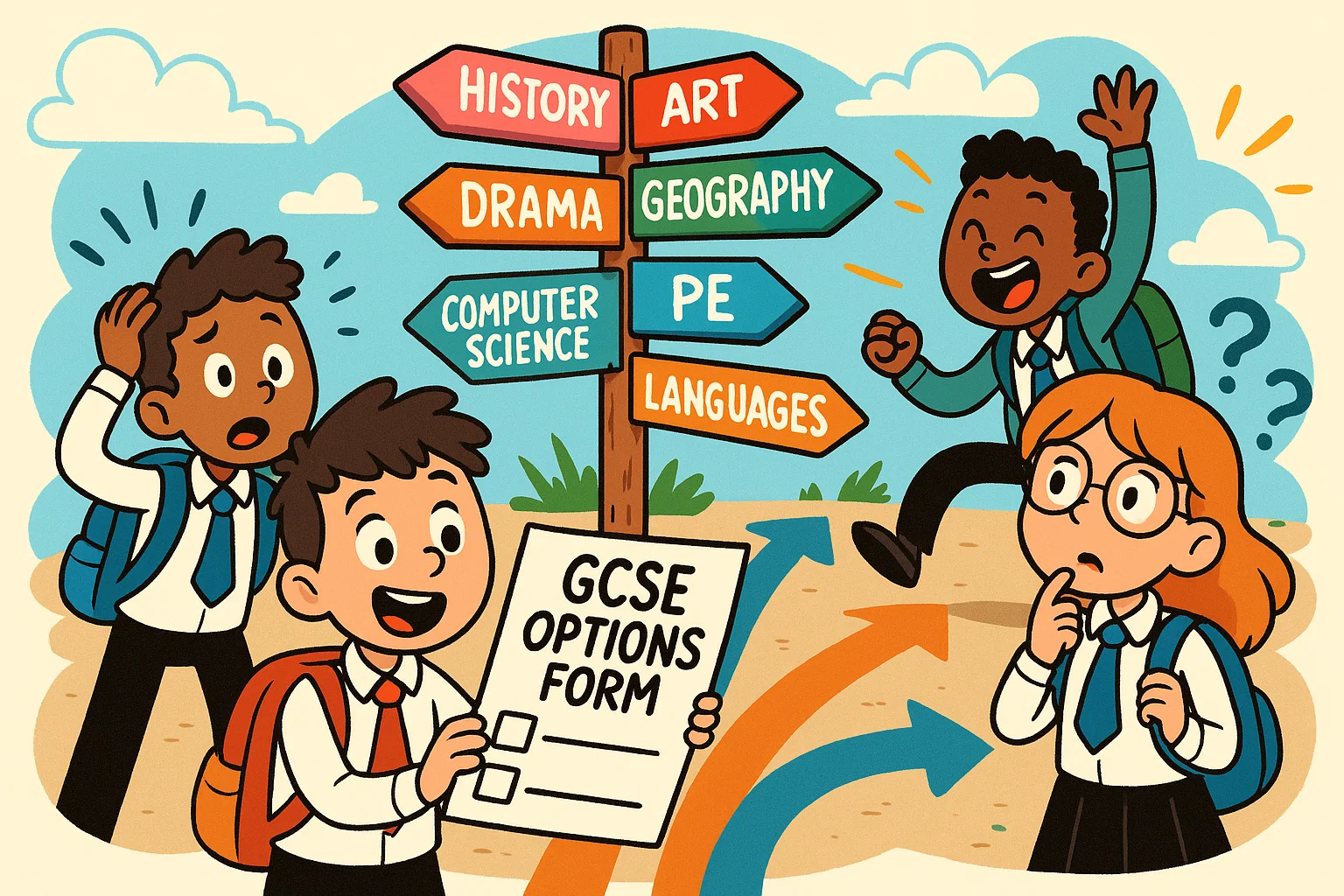 Year 11 options choices future path cartoon with students picking GCSE subjects.