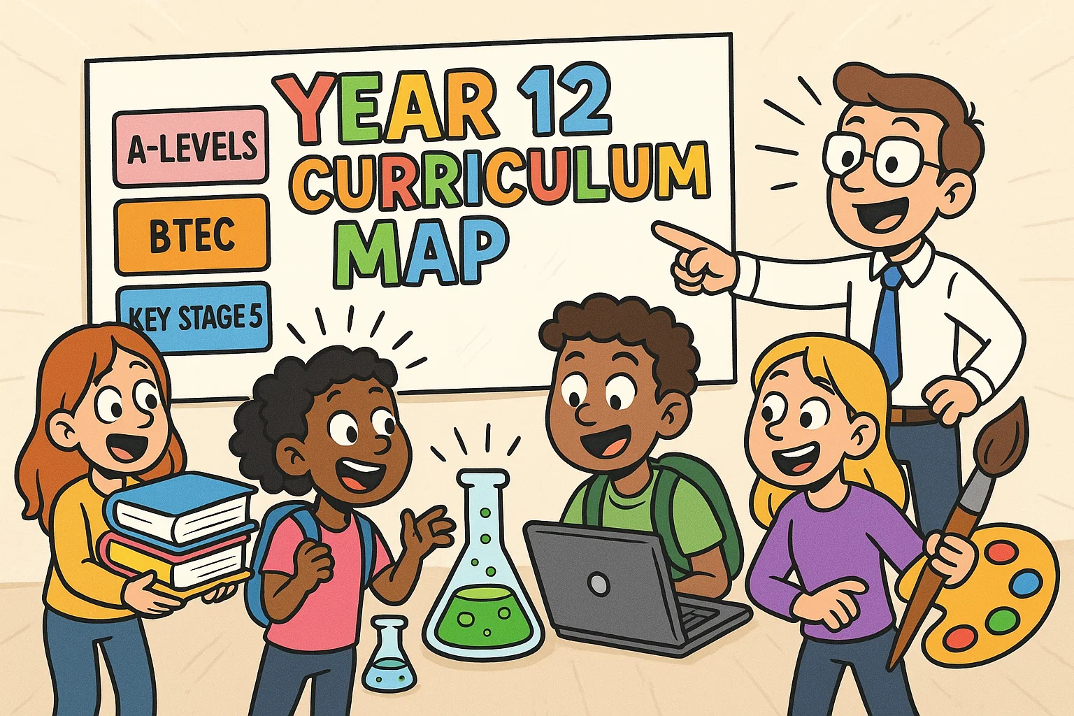 Cartoon of year 12 curriculum secondary school with national curriculum and BTEC options.