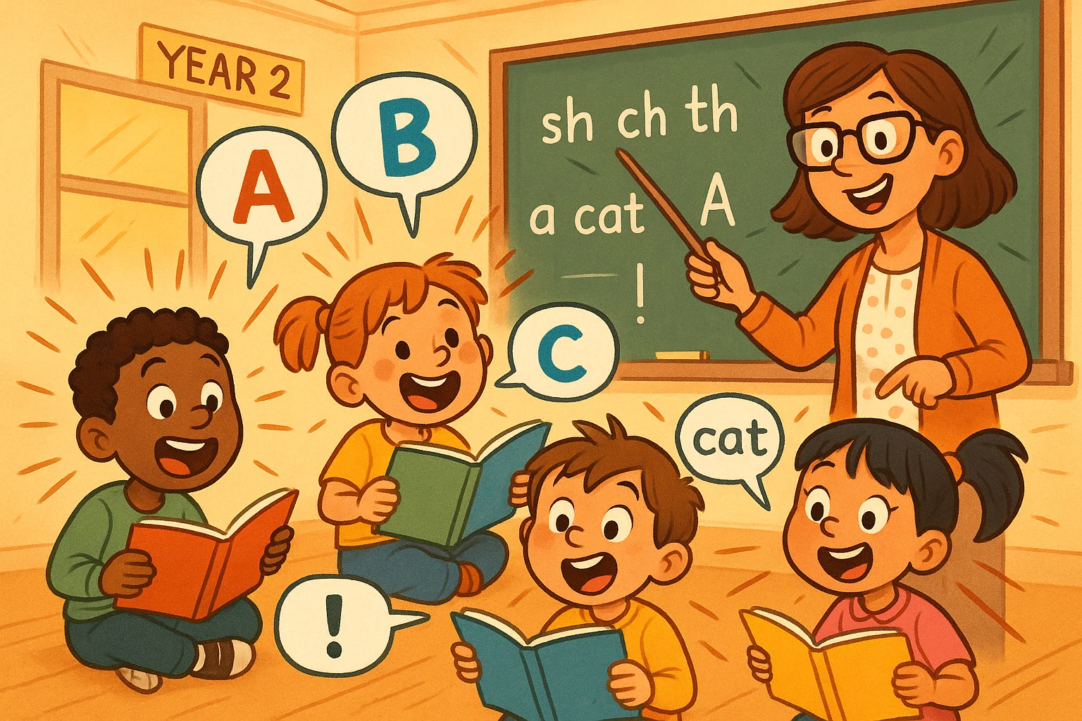 Year 2 literacy skills reading cartoon showing kids practising phonics and grammar.