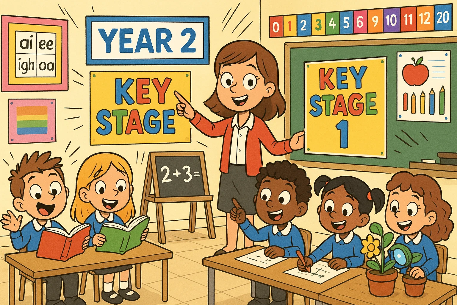 Playful Year 2 national curriculum uk classroom cartoon with kids learning across key stage 1.