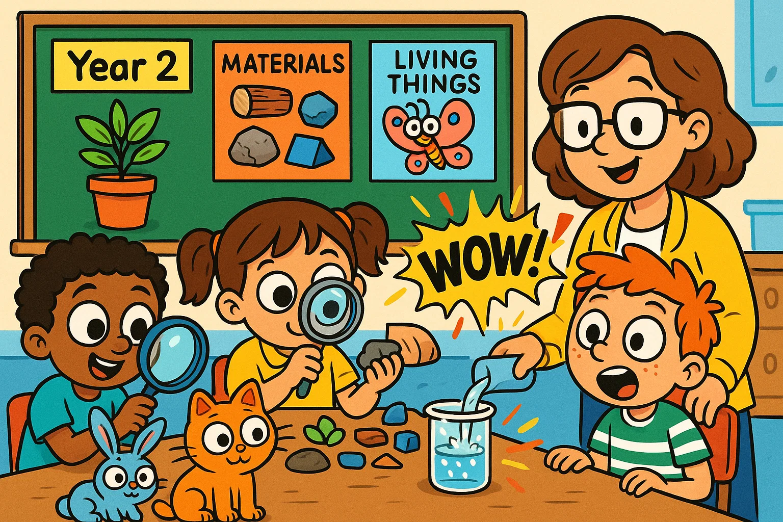 Year 2 science topics classroom experiments cartoon with kids studying plants and materials.