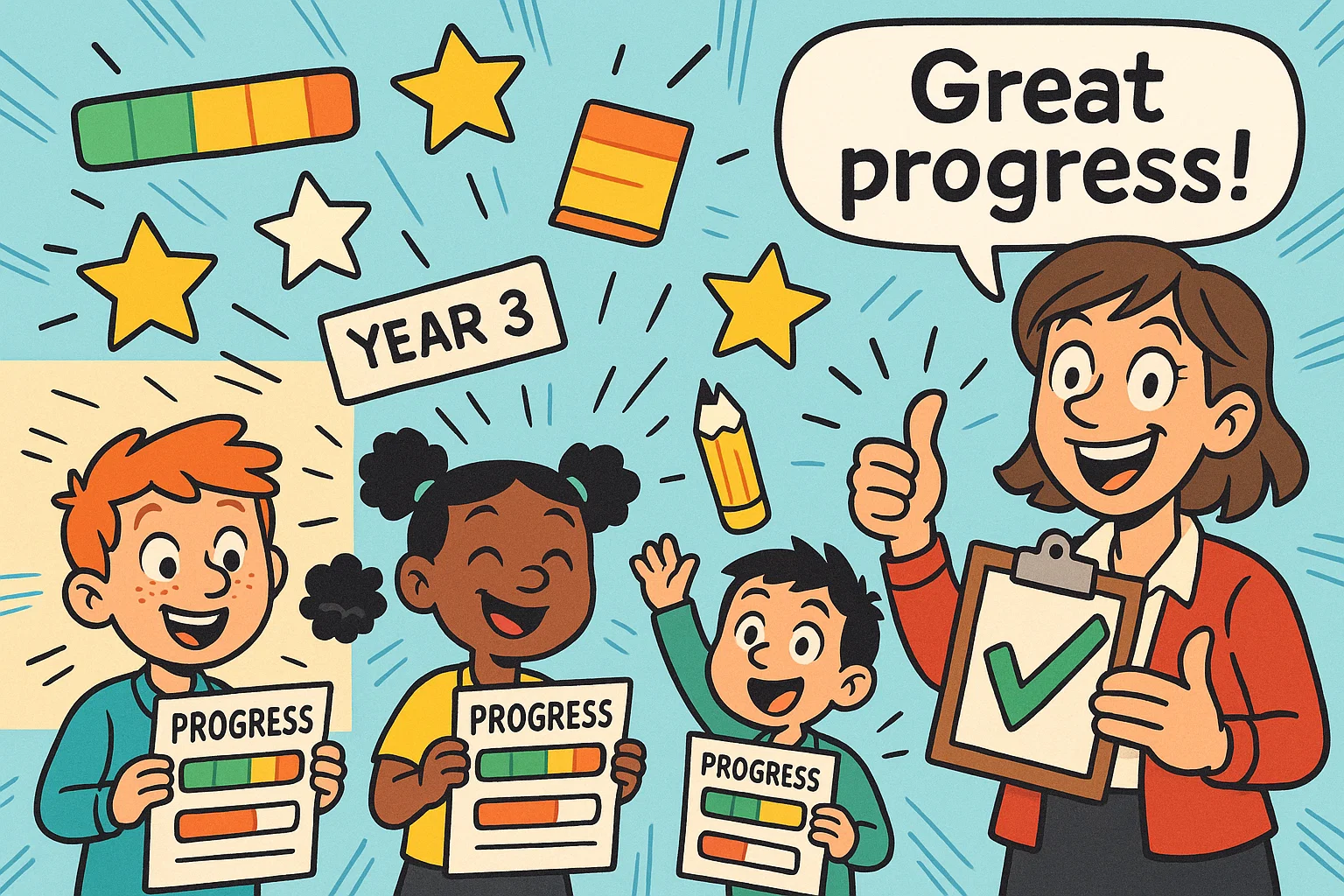 Year 3 assessments progress tracking with pupils reviewing their results.