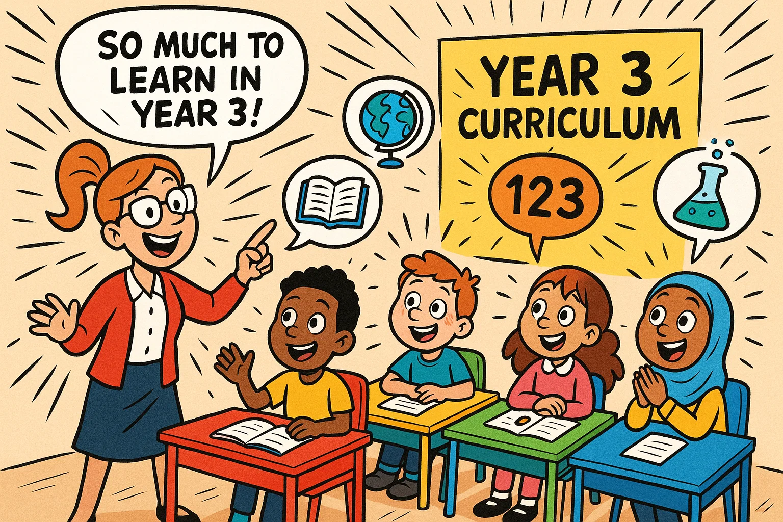 Year 3 curriculum overview classroom scene with pupils learning key subjects.