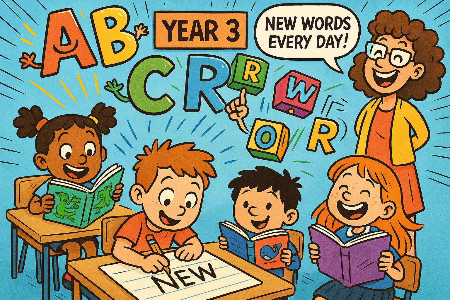 Year 3 english literacy fluency scene with pupils reading and writing.