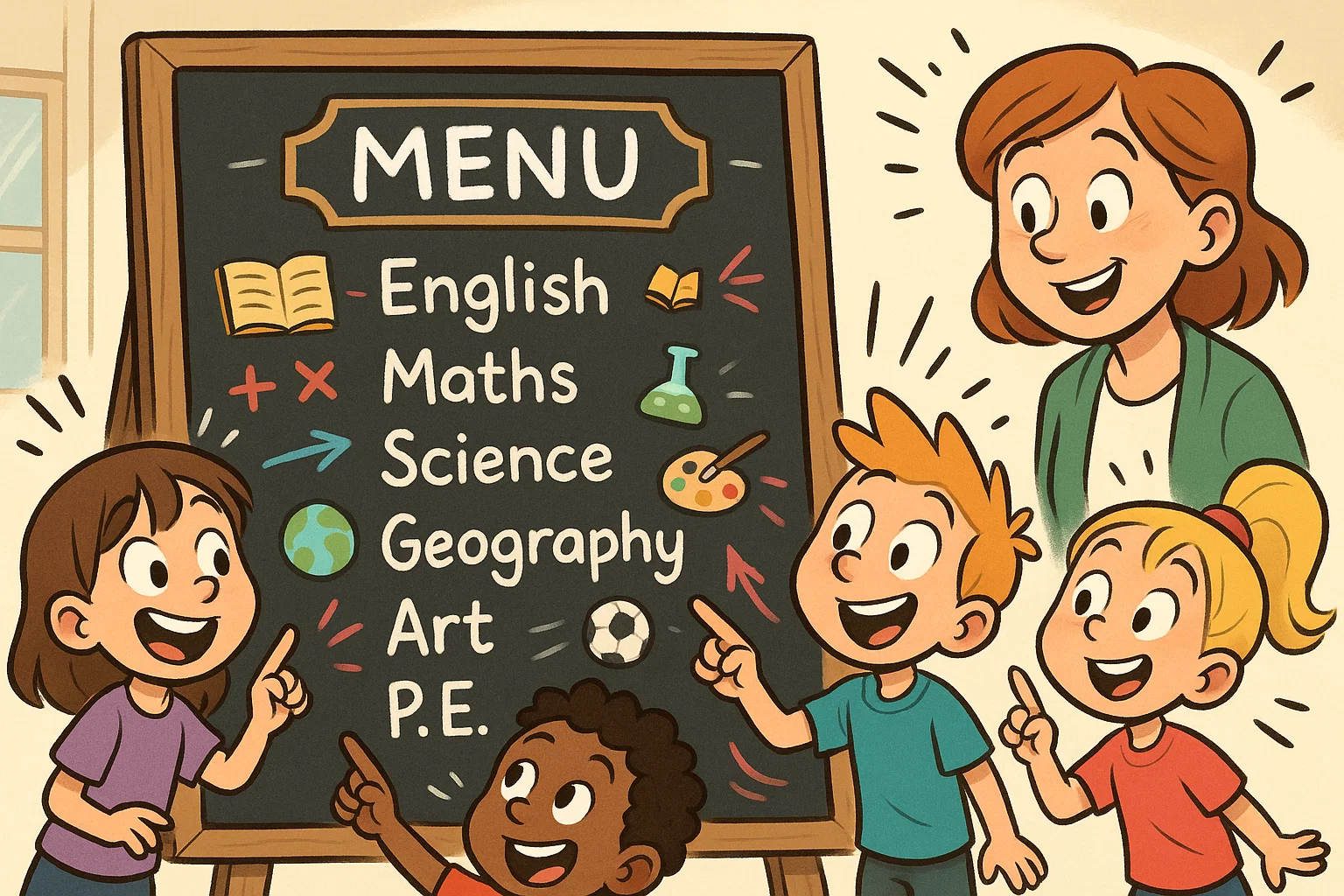 Year 3 learning navigation menu with pupils pointing at subject options.