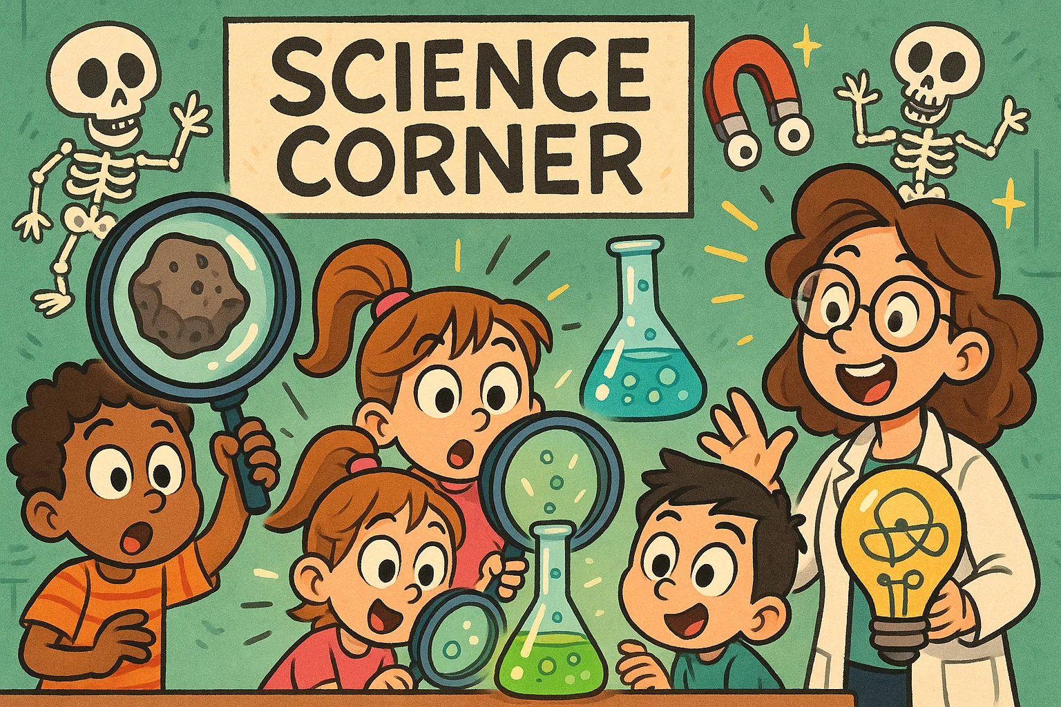 Year 3 science curriculum exploration with pupils examining science items.