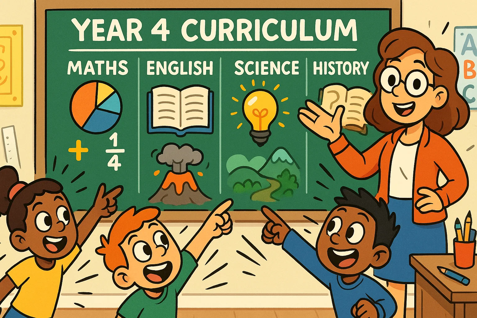  Year 4 curriculum overview classroom scene with pupils exploring main subjects.