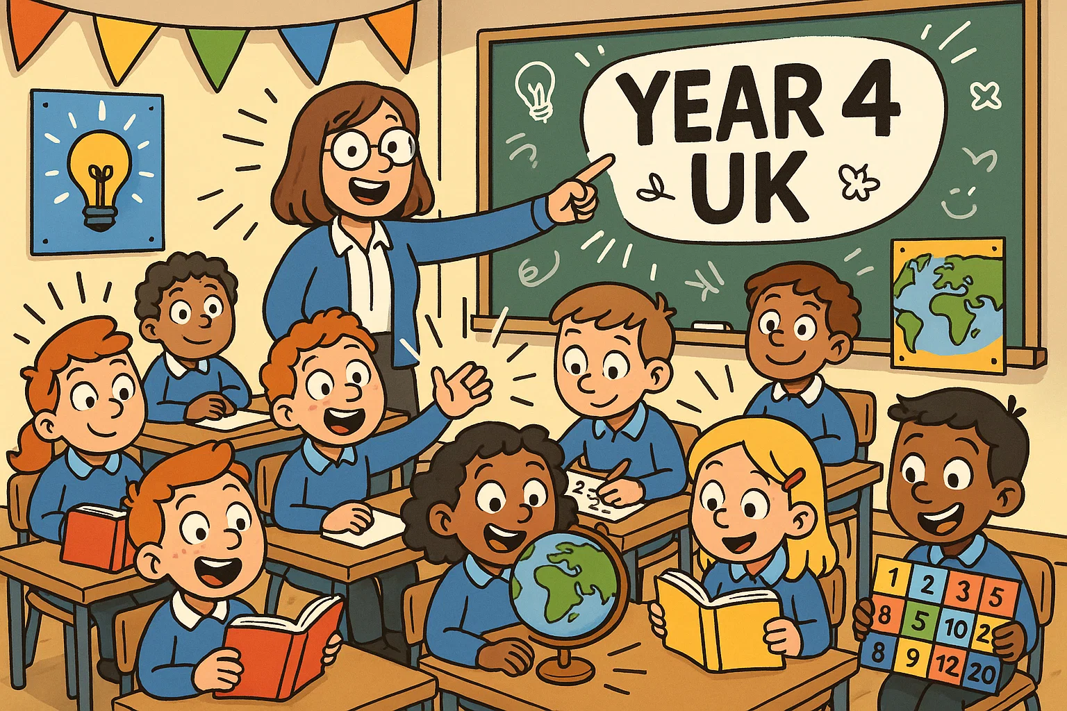 Year 4 UK primary school learning in a playful classroom with children studying core subjects.