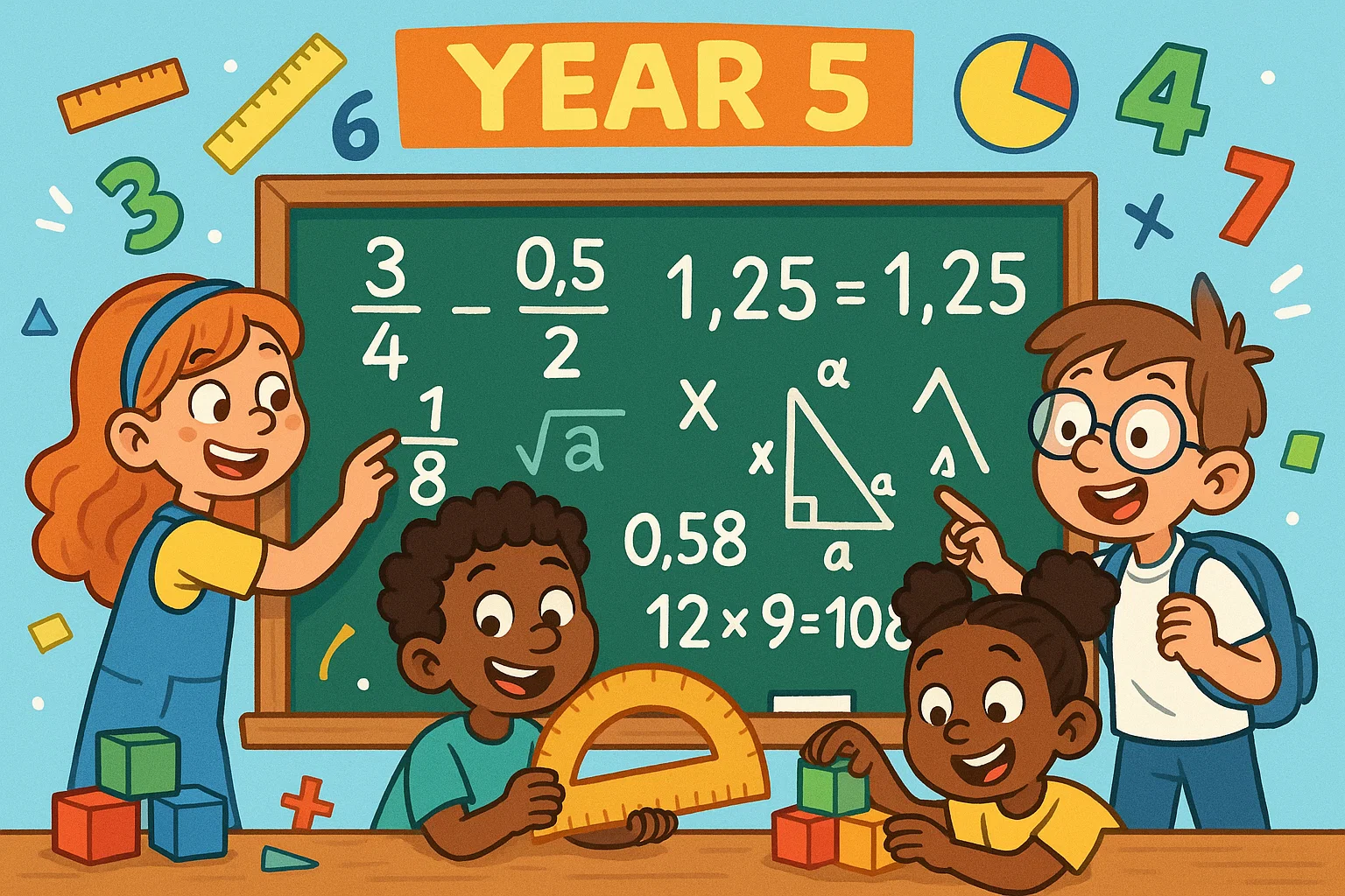 Year 5 mathematics classroom with students working on fractions, geometry and multiplication.