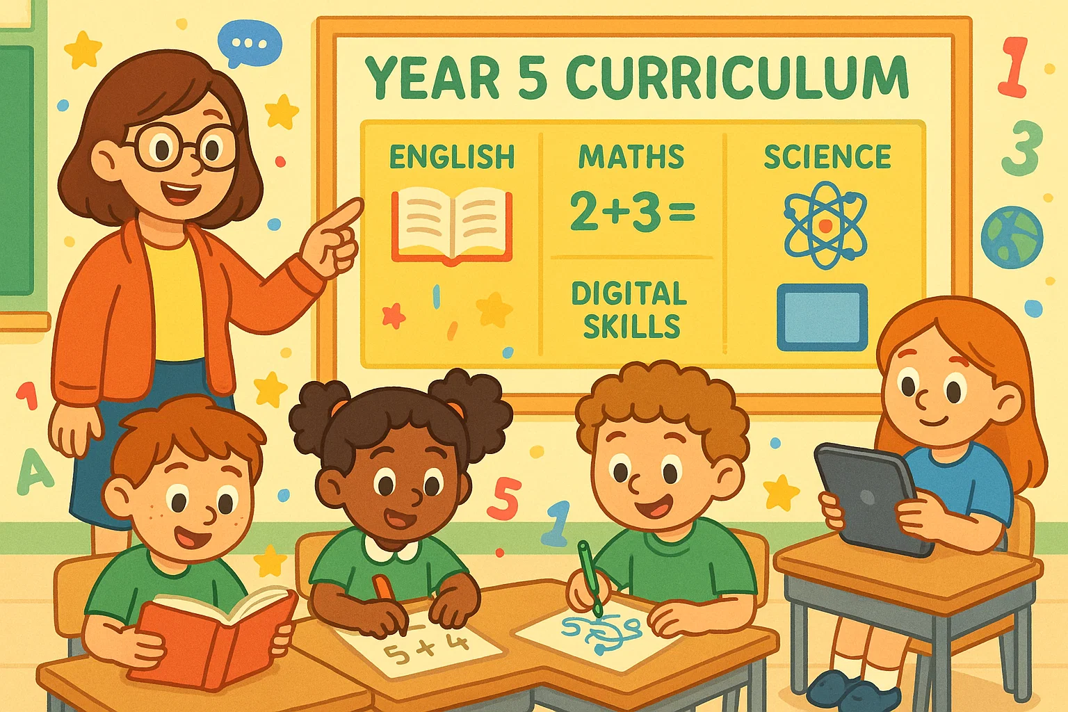 Year 5 national curriculum overview with students learning different subjects in a bright classroom.