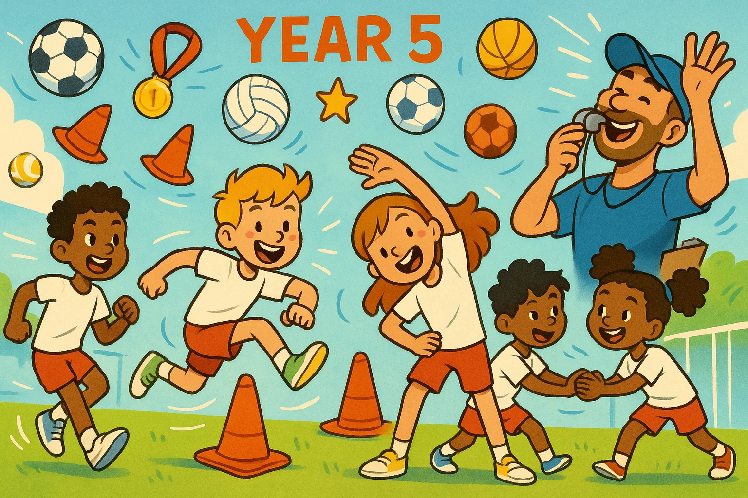 Year 5 physical education with students doing sports activities and movement exercises.