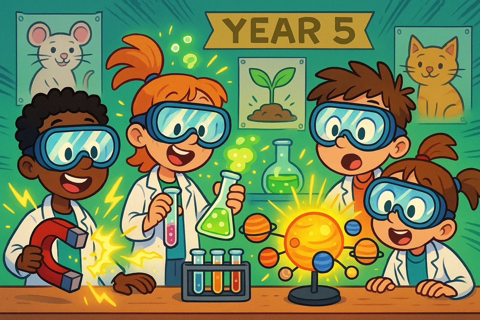 Year 5 science topics illustration with students exploring experiments, space and materials.