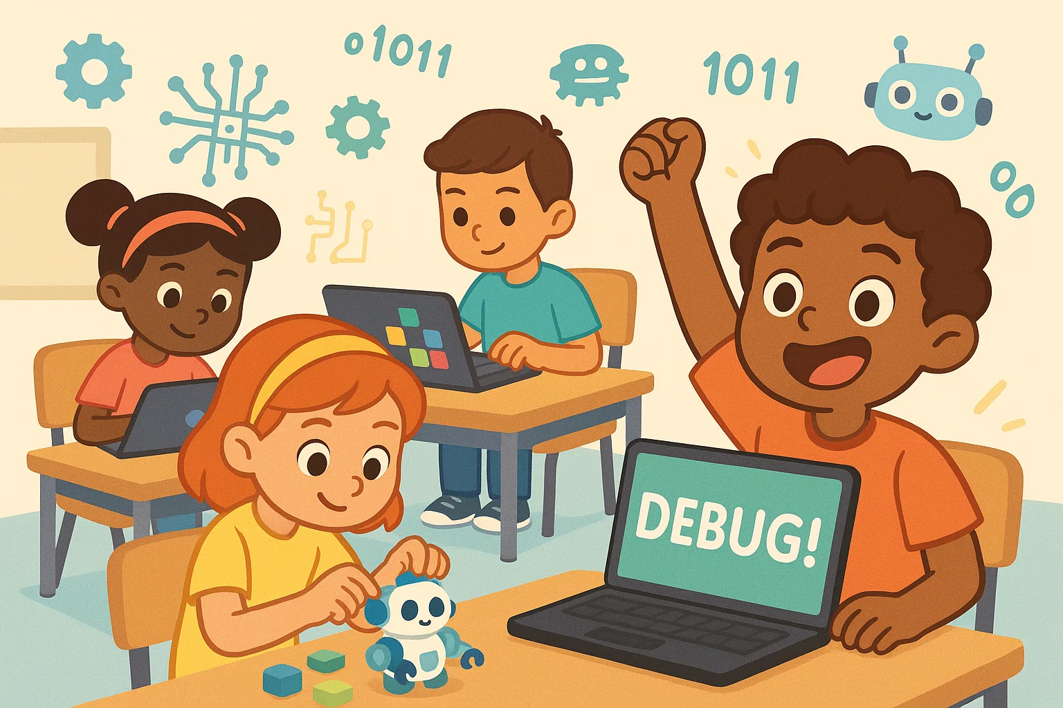 Year 5 technology and digital skills with students coding, using tablets and building simple robots.