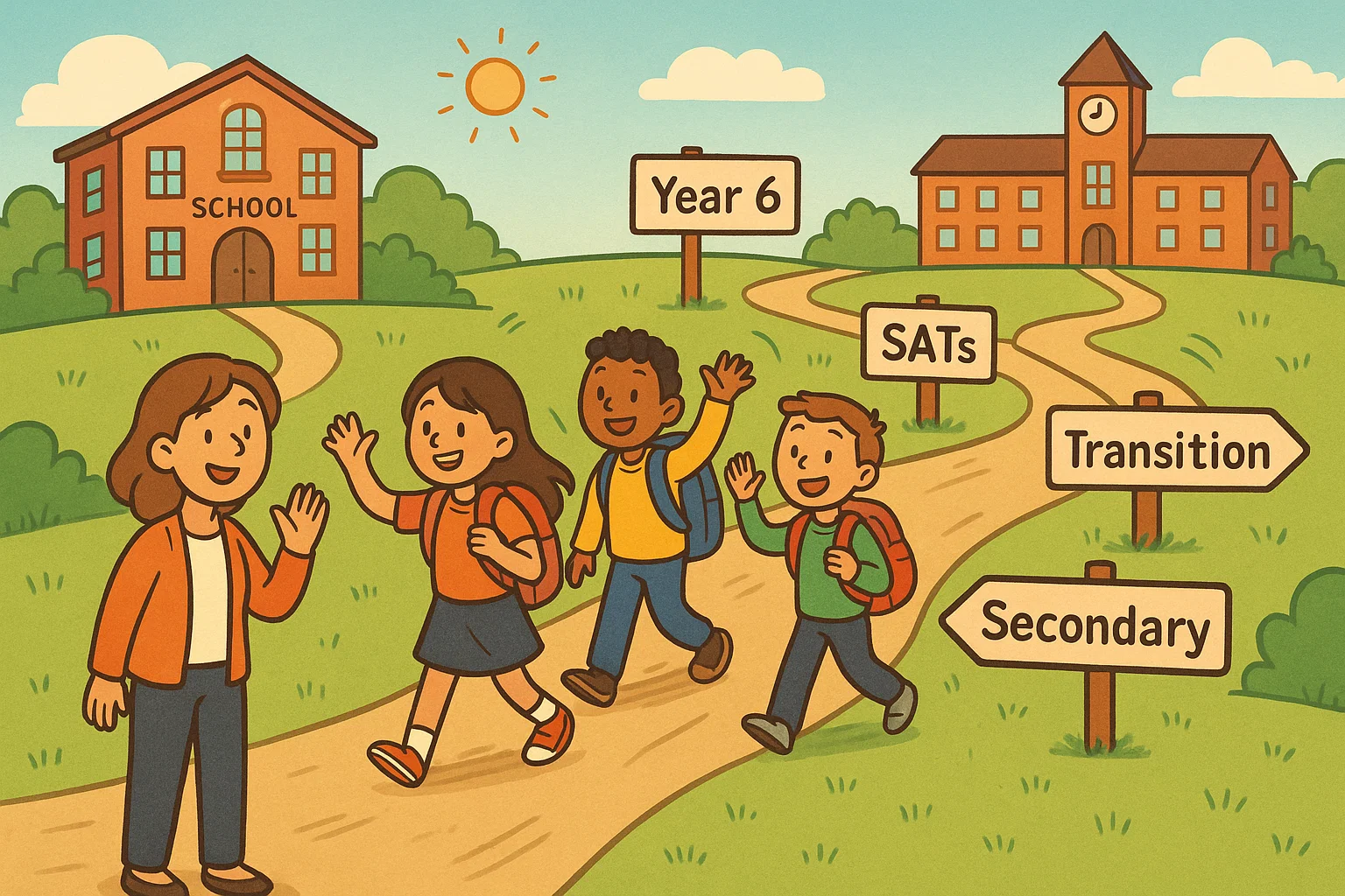 Cartoon of year 6 school pathway with students walking toward secondary transition.