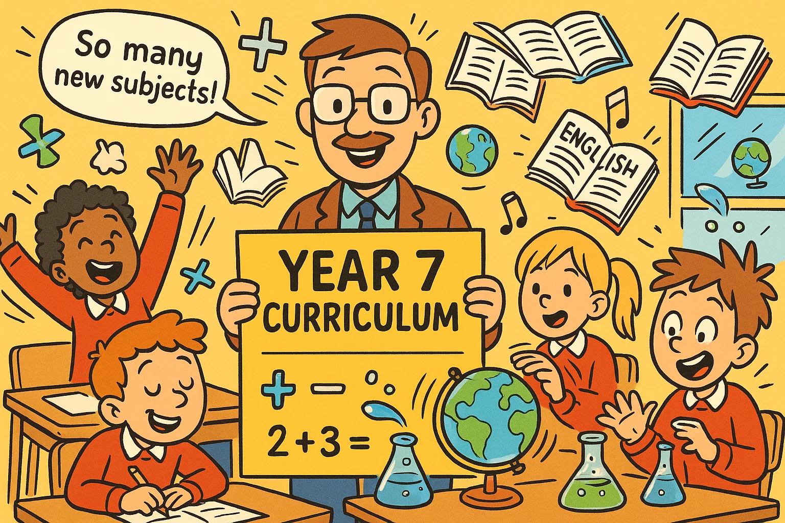 Cartoon Year 7 curriculum classroom with students learning multiple subjects.