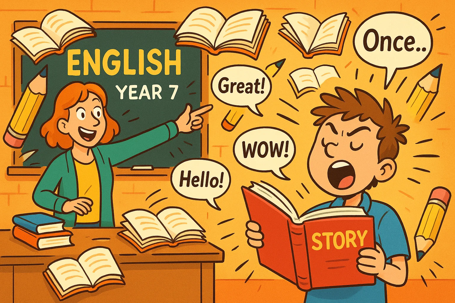 Cartoon Year 7 English class with students reading books and writing in a lively scene.