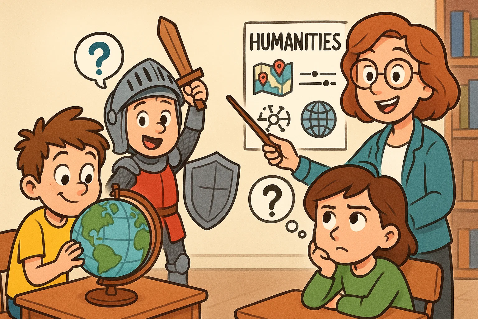 Cartoon Year 7 humanities lesson with students exploring history and geography.