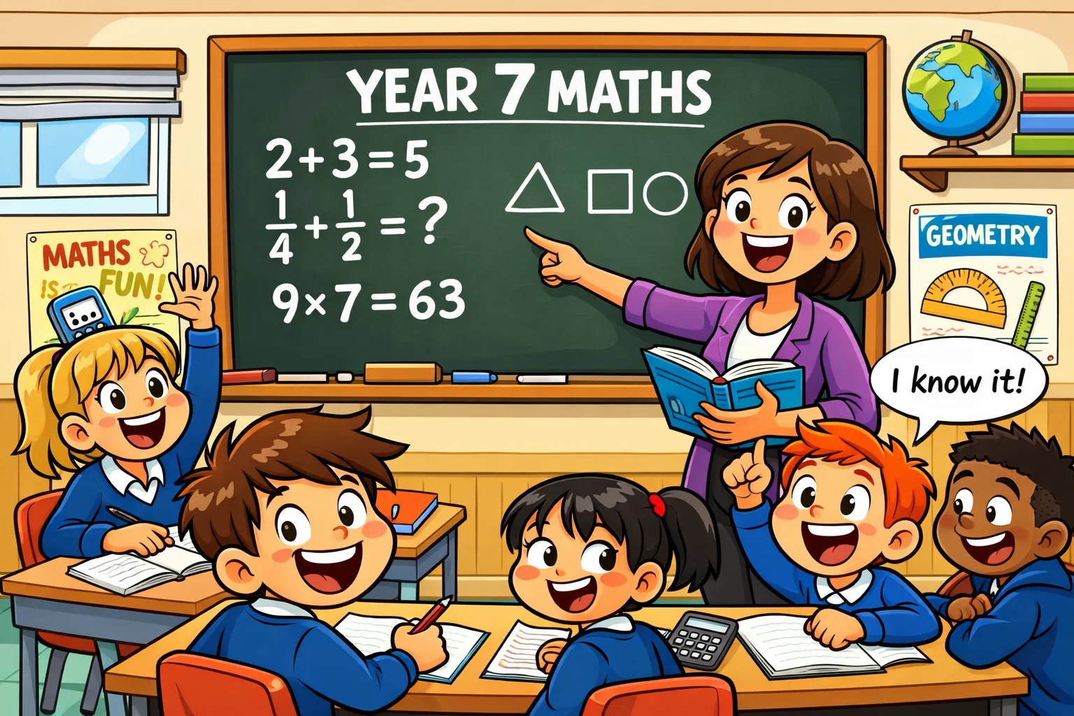  Year 7 maths curriculum classroom with pupils learning numbers, fractions and shapes.
