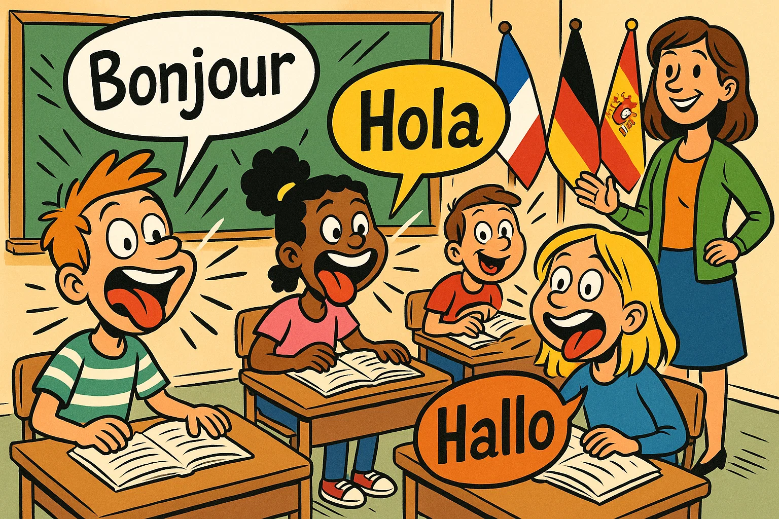 Cartoon Year 7 MFL classroom with students learning new languages through speech bubbles.
