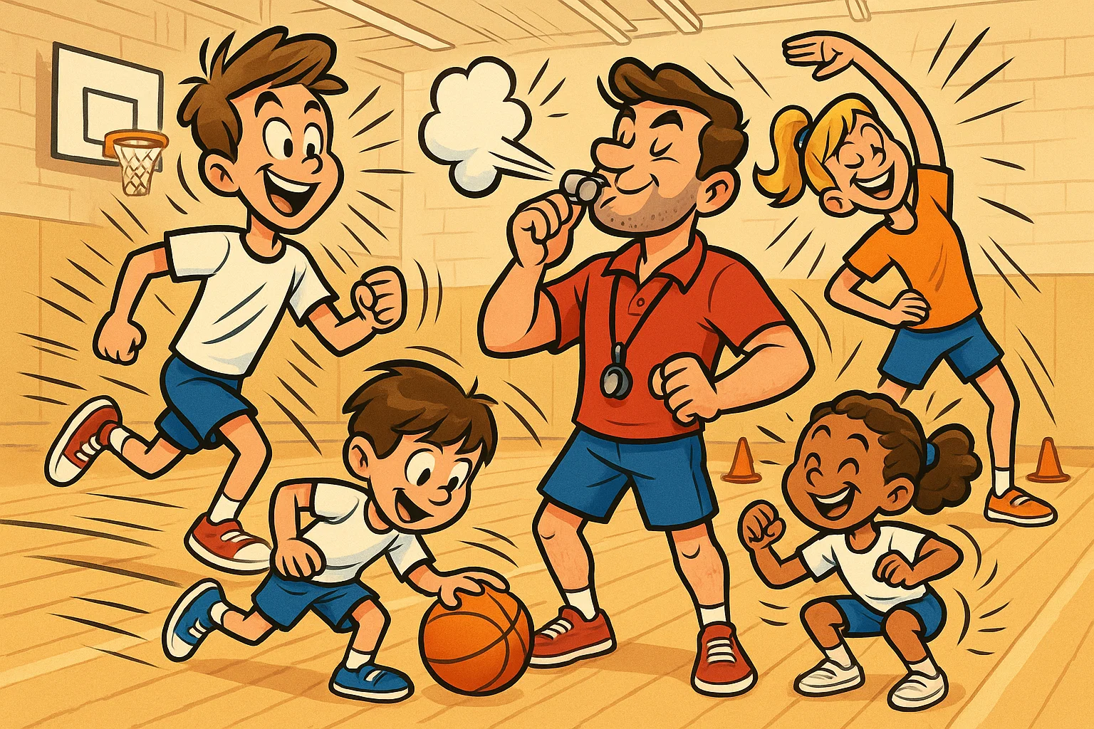 Cartoon Year 7 PE lesson with students doing sports and exercises in a lively gym.