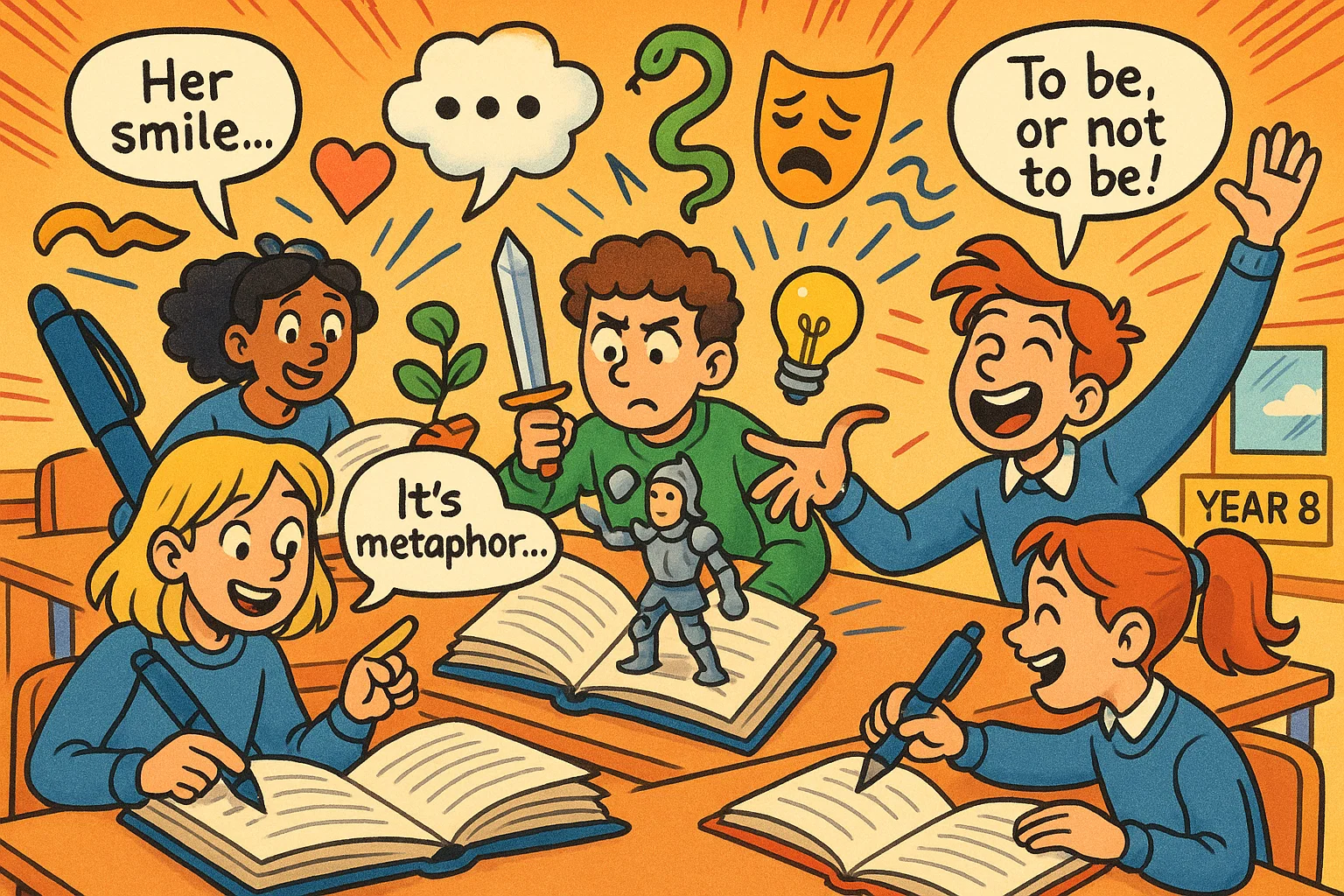 Year 8 english curriculum cartoon featuring students reading and writing in class.