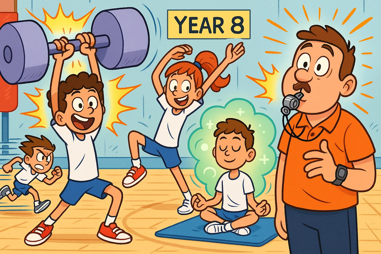 Year 8 physical education health cartoon with students doing sports and fitness activities.
