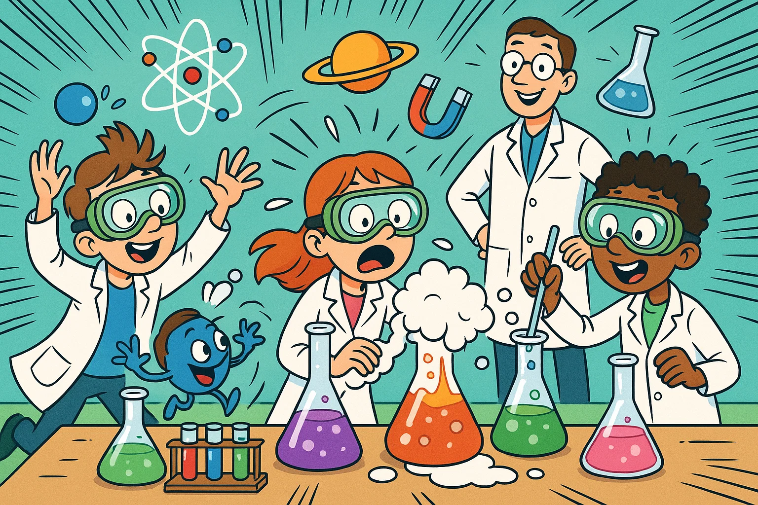 Year 8 science curriculum lab cartoon with students doing experiments.