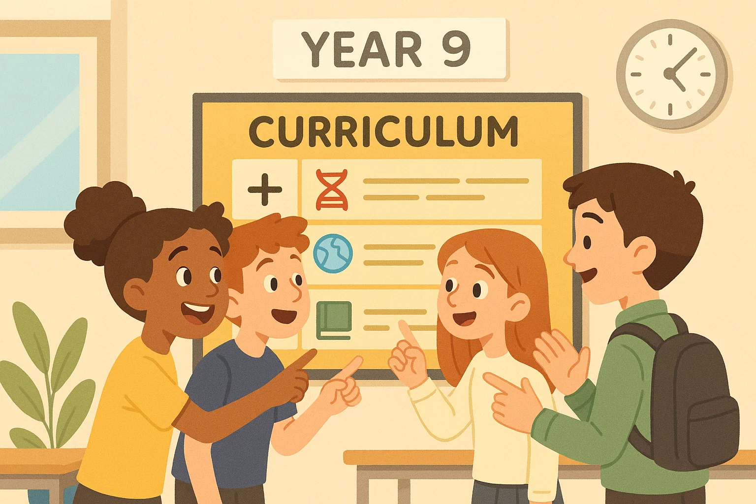 Students looking at the Year 9 KS3 curriculum map in a classroom.
