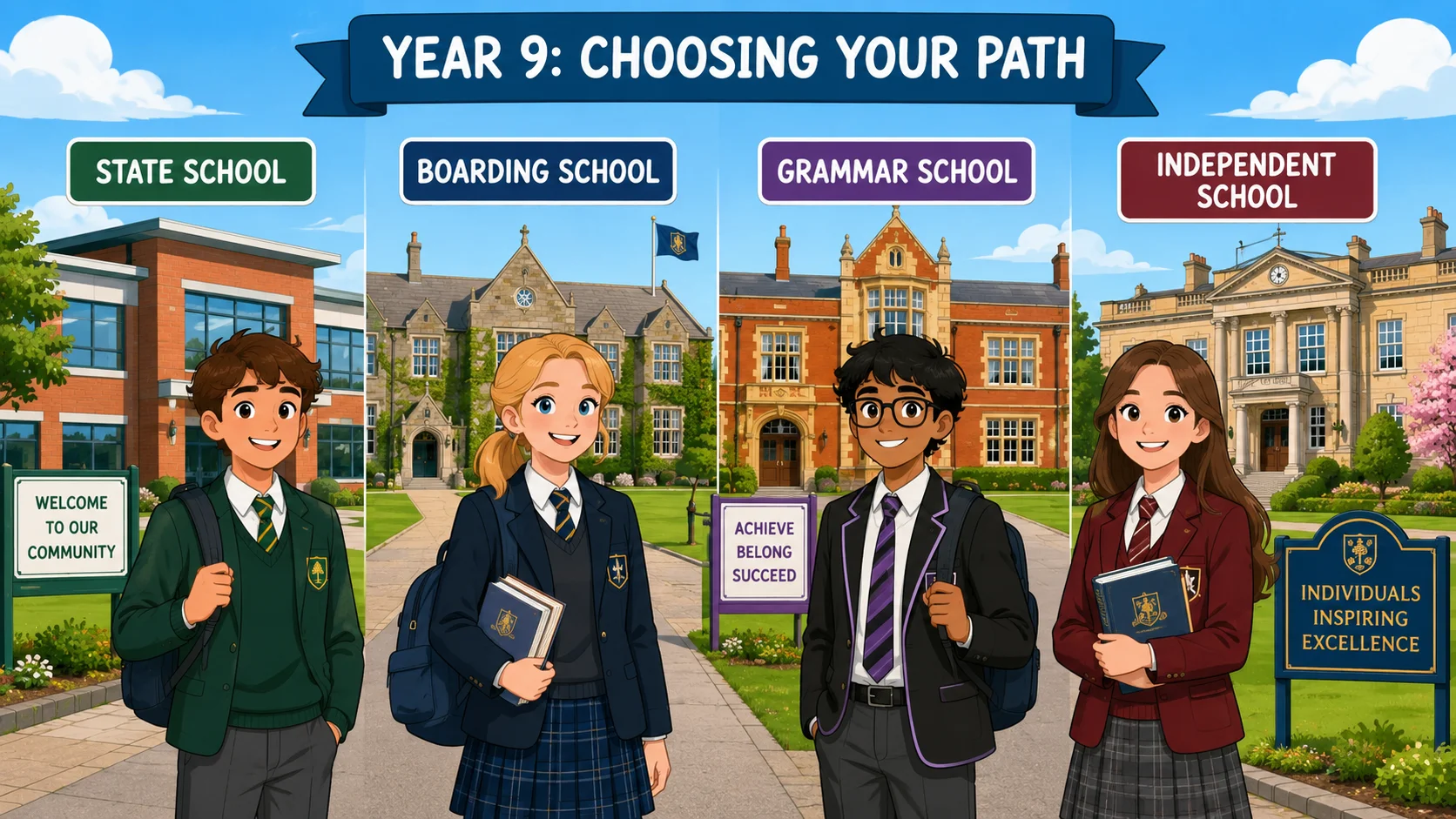  Year 9 school types in UK education system with pupils choosing school pathways. 

