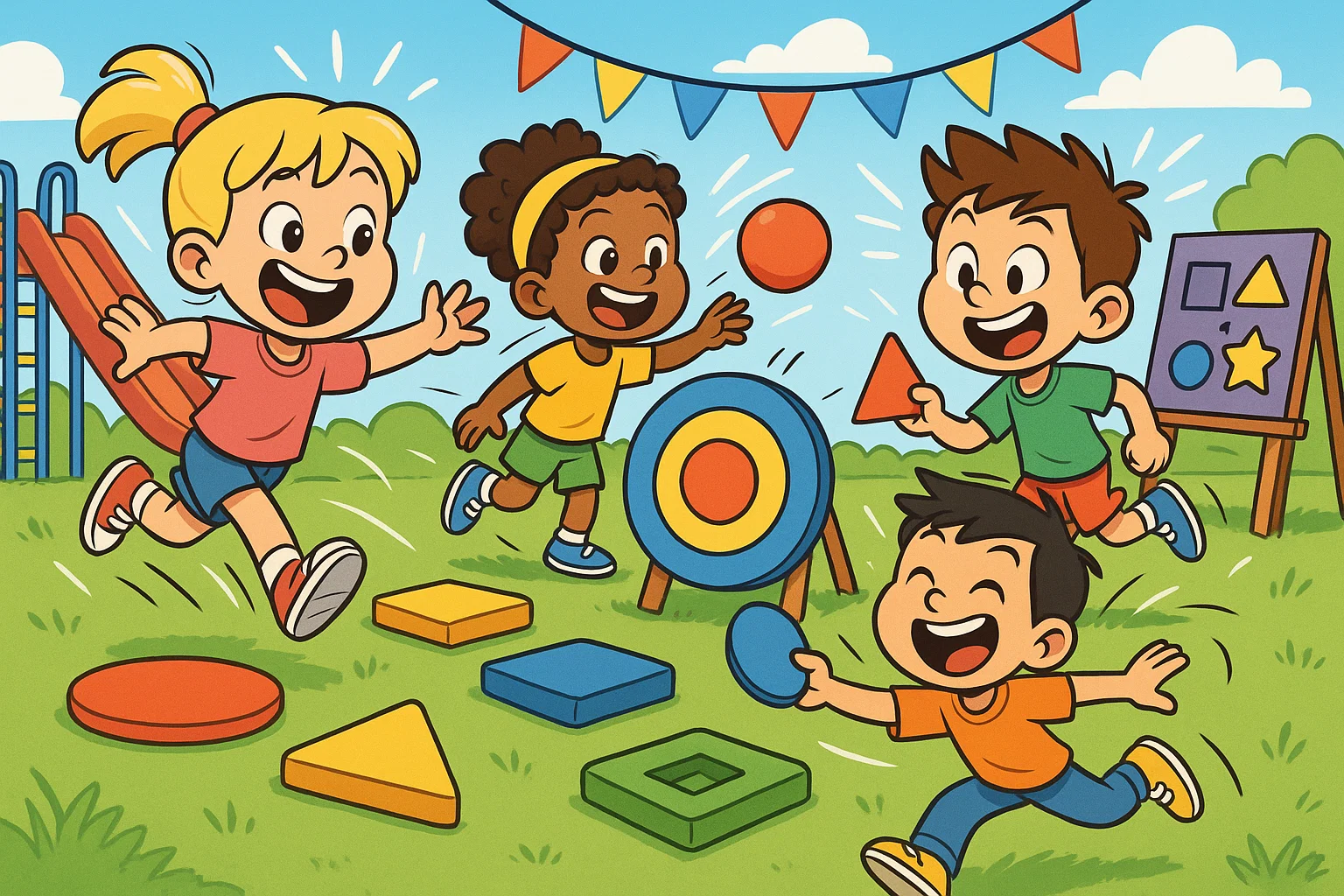 Cartoon daily routines shapes colors numbers learning with child exploring everyday items.