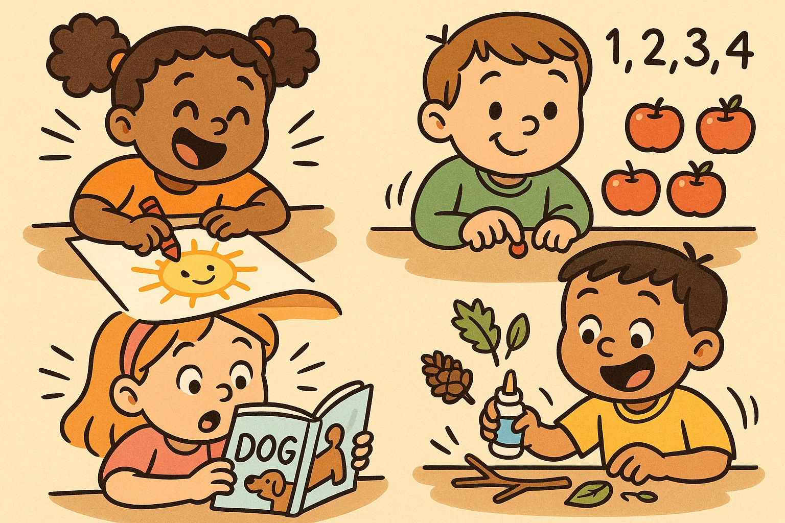 Activities for age 6 with children doing creative and educational play tasks.