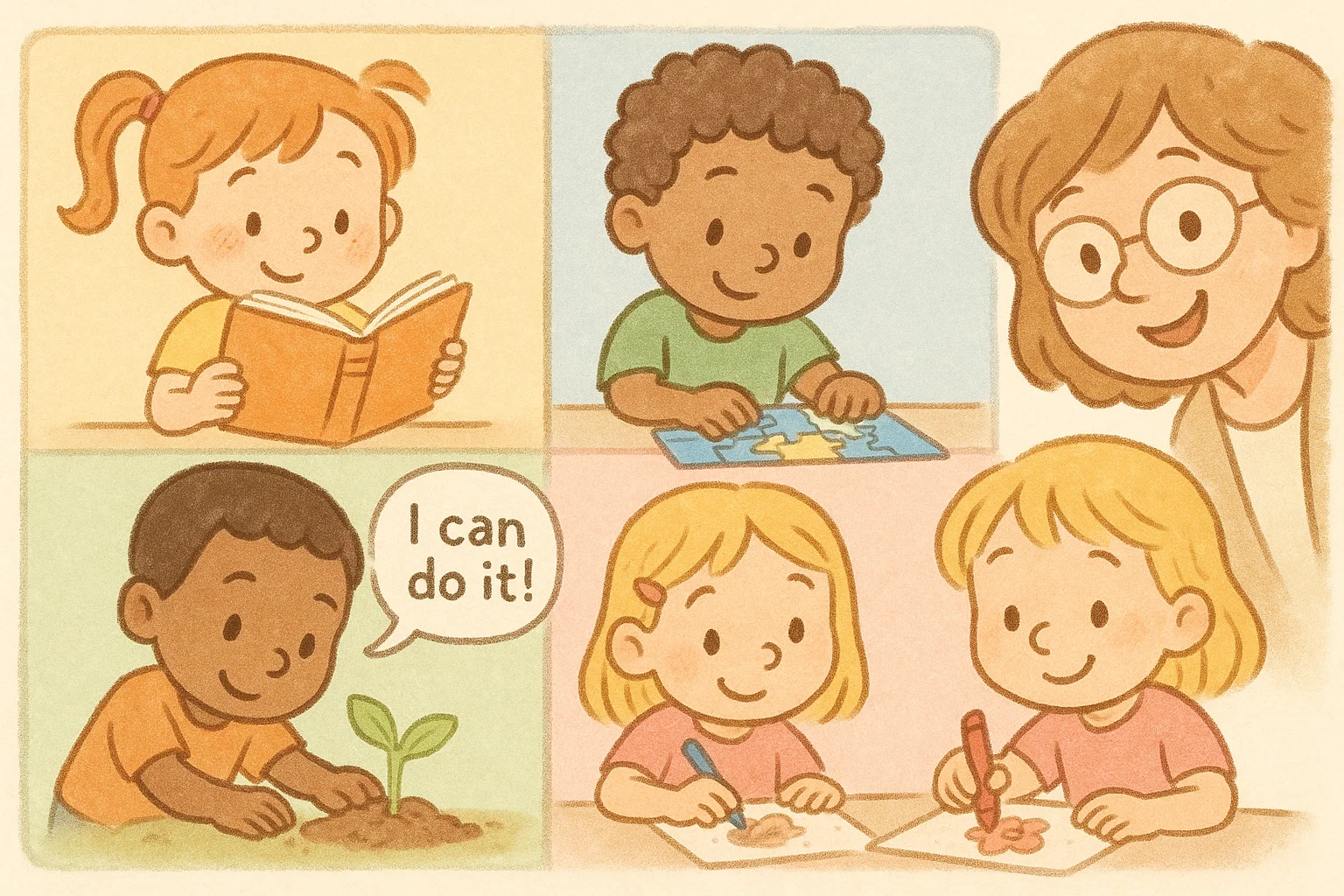 Activities for age 7 illustrated in colorful comic style for playful learning.