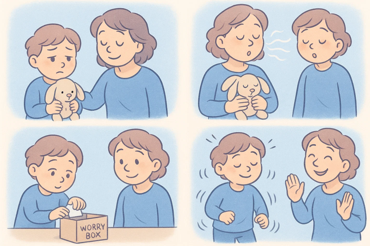 Calming activities for anxious kids illustrated with soothing and supportive visuals.