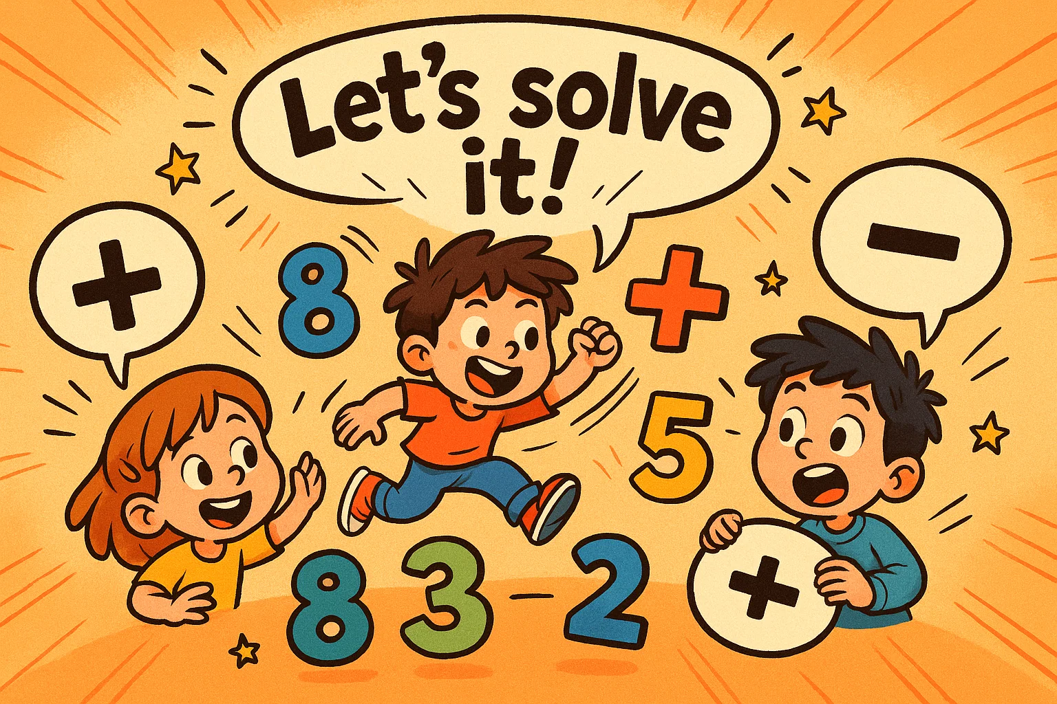Addition and subtraction age 6 7 illustrated with children solving math in cartoon style.