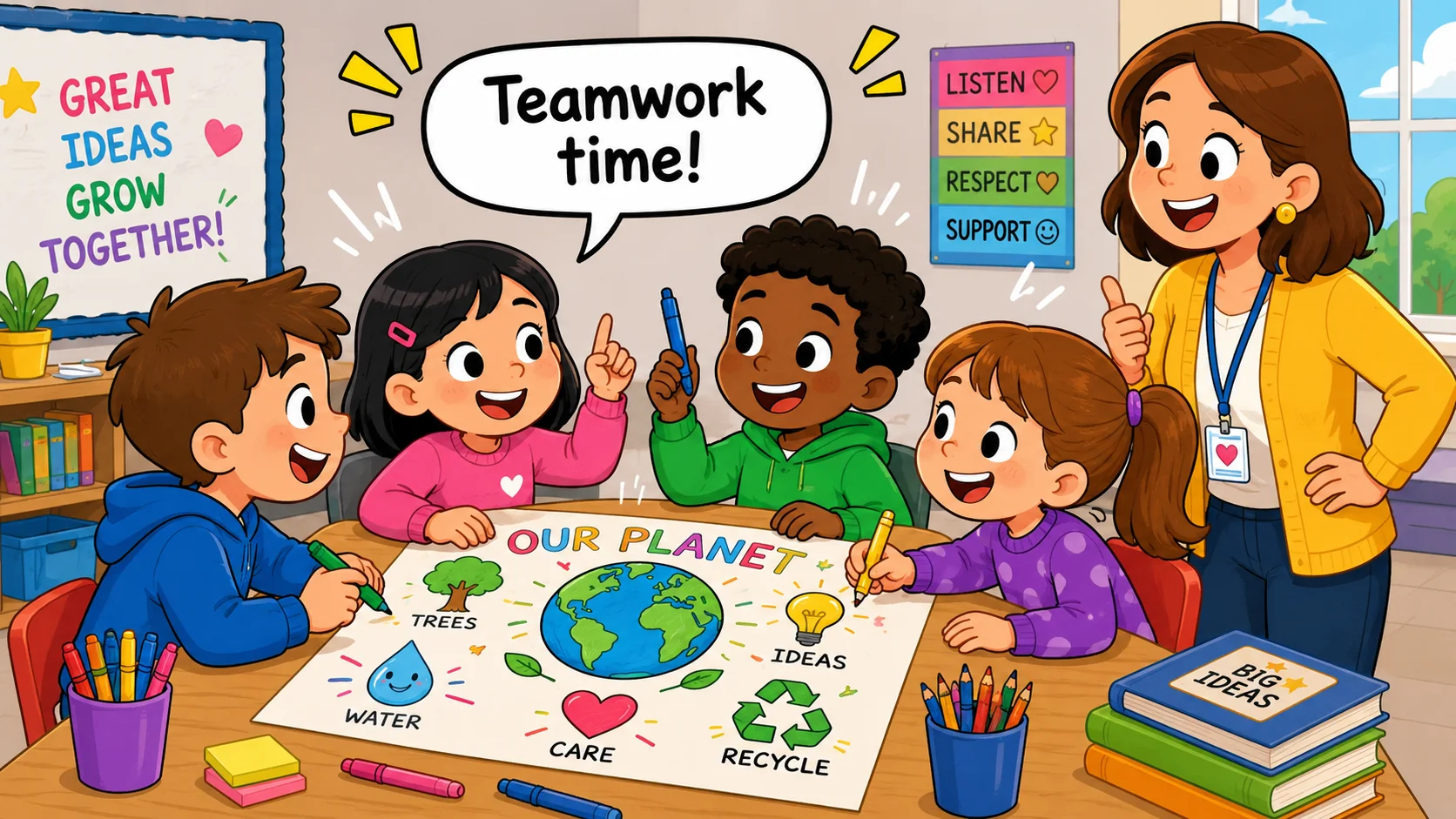 ADHD kids teamwork group activity with teacher and classmates. 
