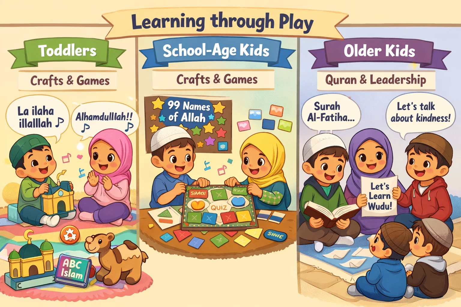 Age based Islamic activities for kids designed for different age groups.