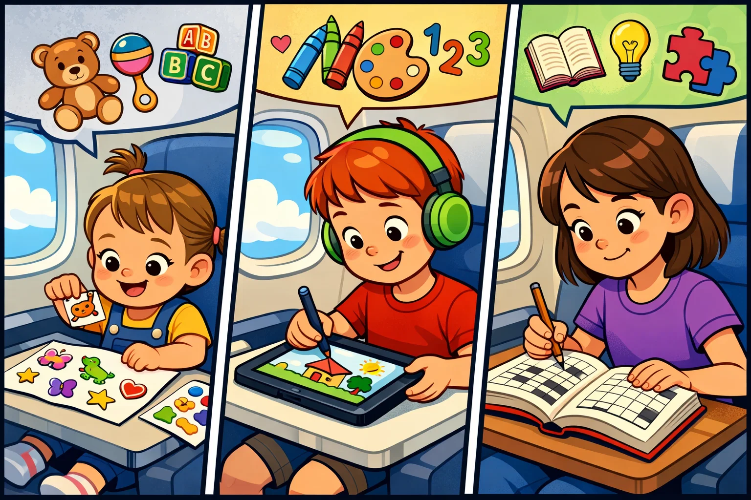 Airplane activities by age group showing kids playing age appropriate travel games.