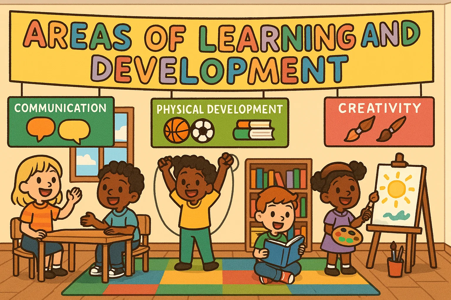 Areas of learning and development in the EYFS with children exploring various subjects.