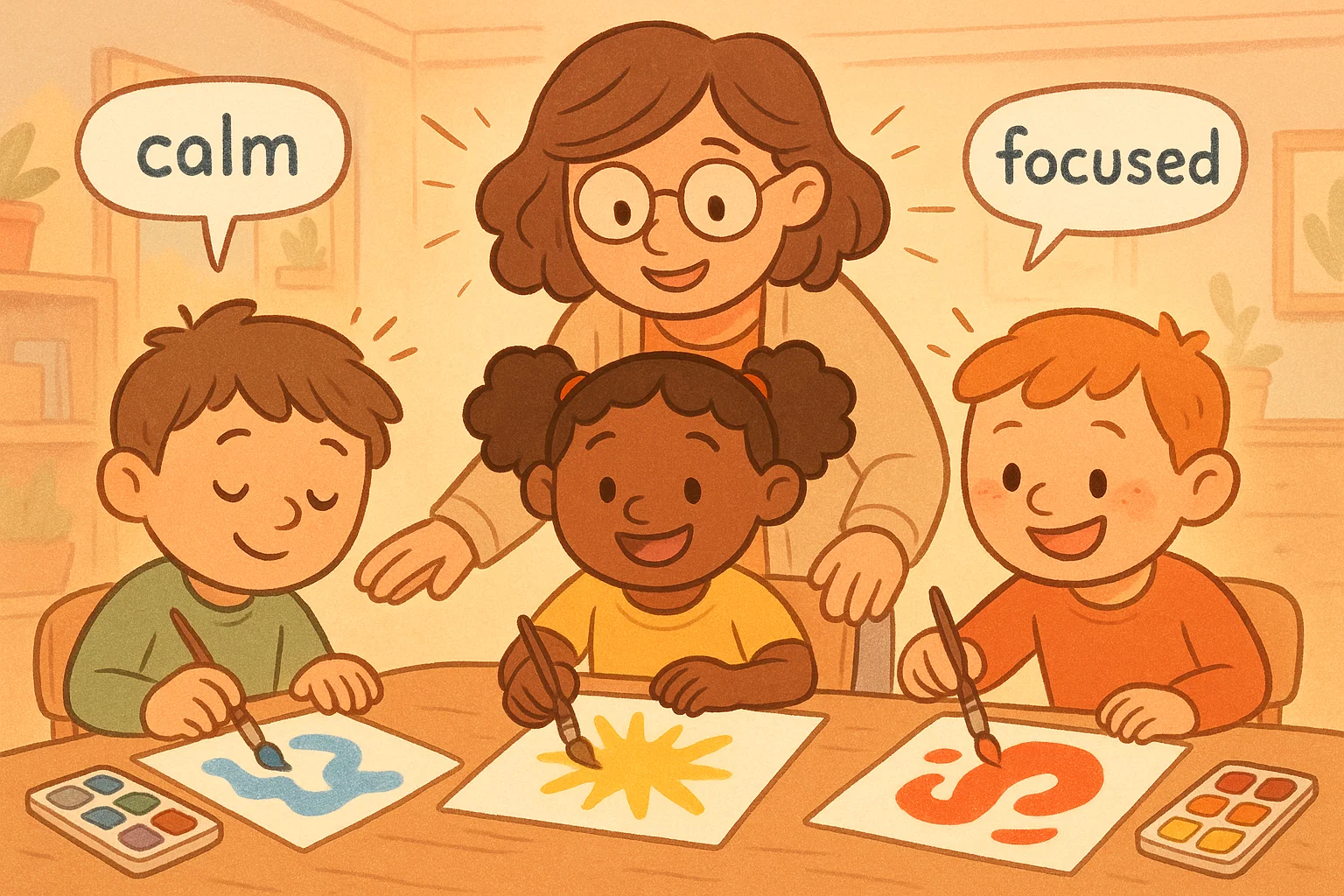 Kids doing art room emotional growth activities with colors showing different feelings.