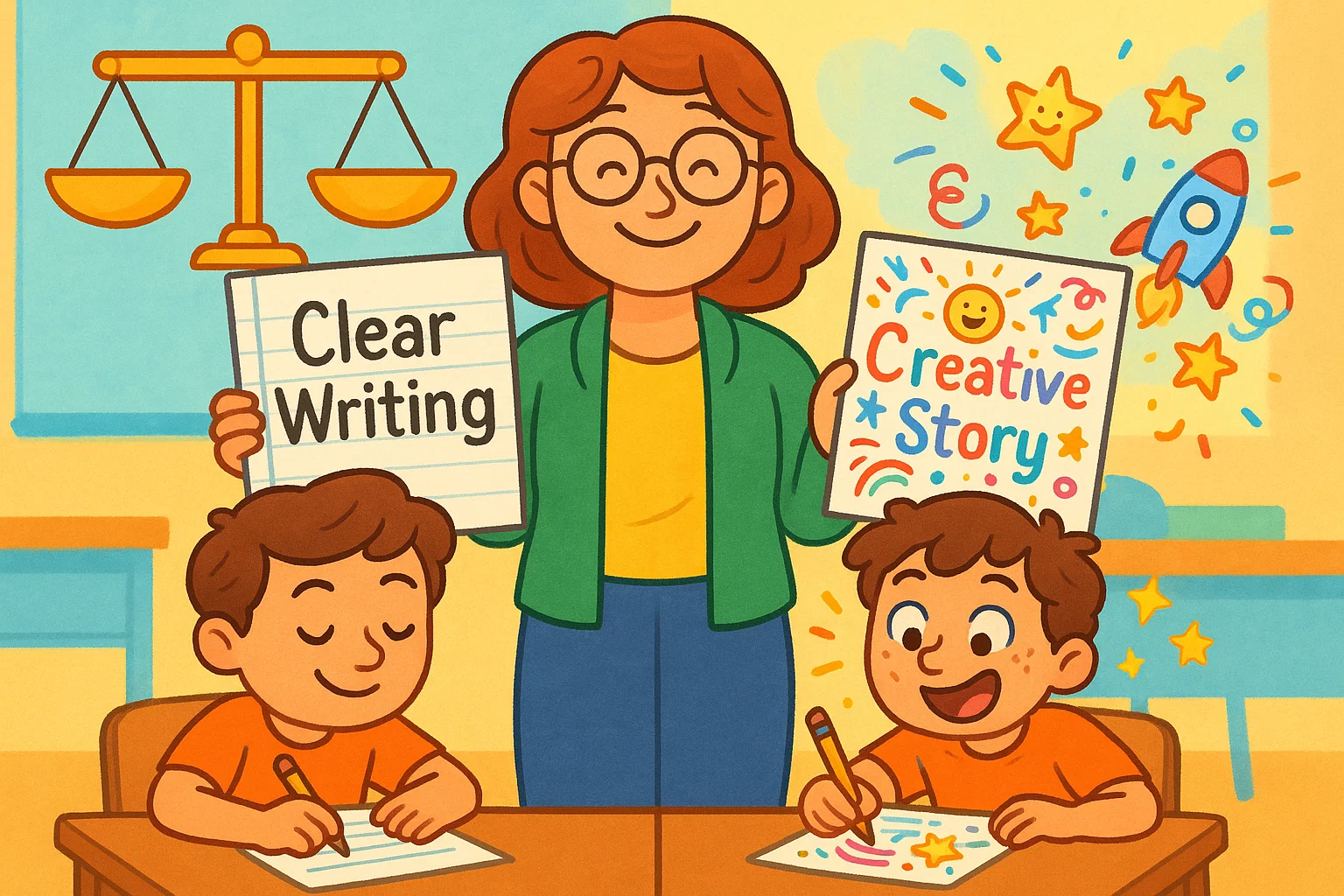 Kids using balanced approach writing for children with creative and clear tasks.