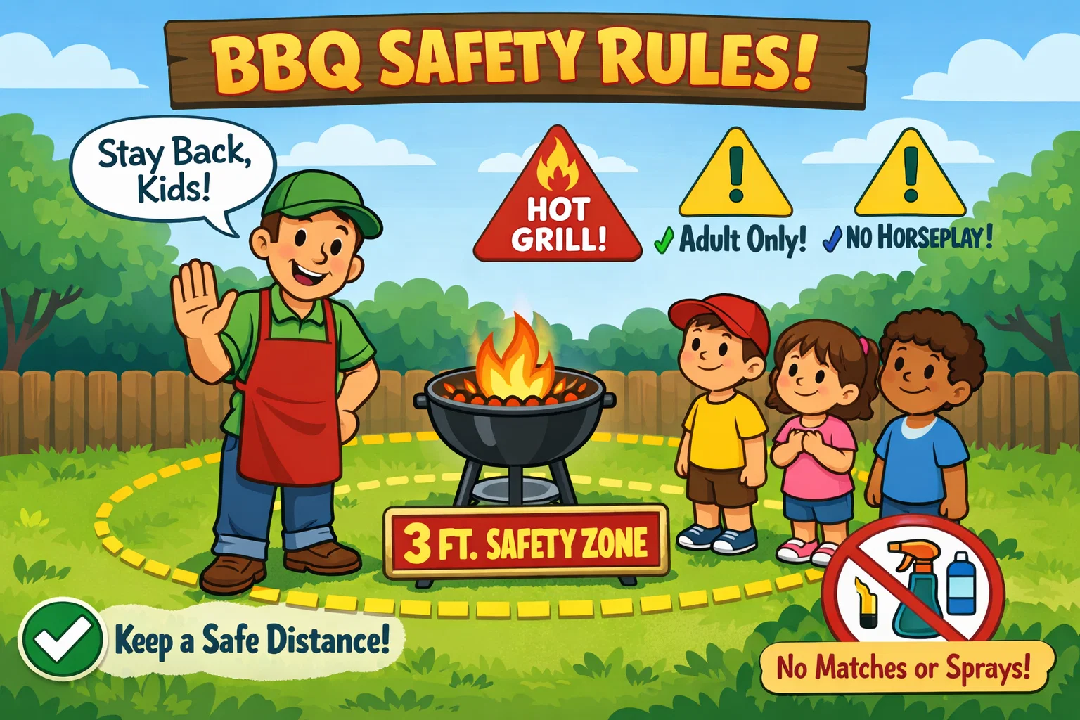 BBQ safety tips for kids showing safe distance and supervised play.
