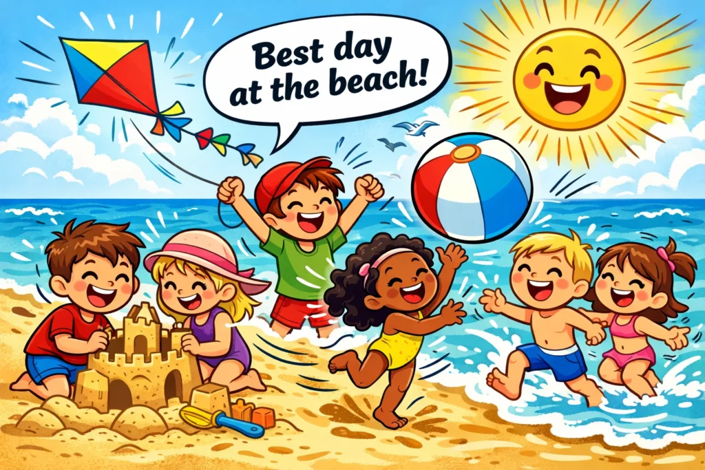 Beach activities for kids with playful cartoon children enjoying games and sand play.