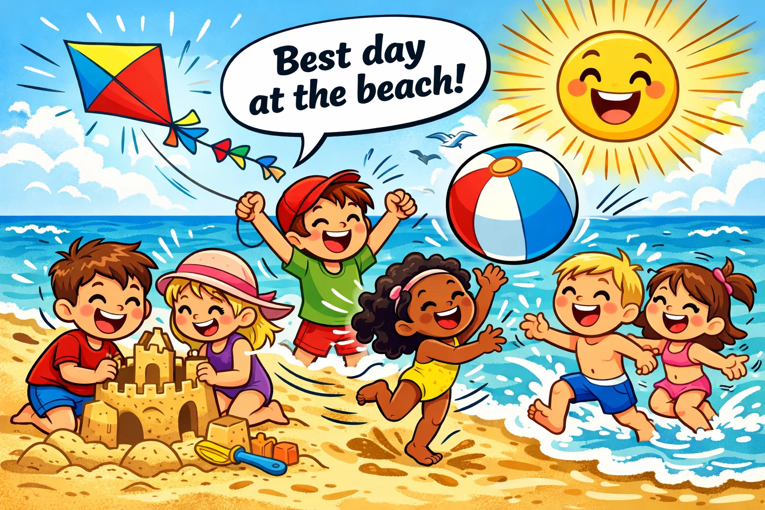 Beach activities for kids with playful cartoon children enjoying games and sand play.